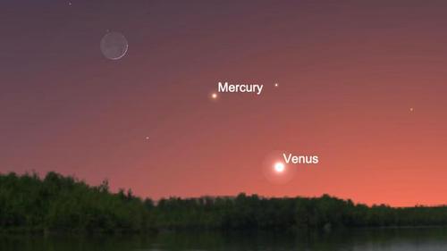 天文美景,金星和水星在夜空相遇