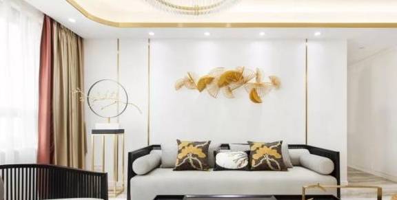 轻奢又高级！120㎡新中式家装效果，沙发背墙的立体铜扇太美了 (图2)