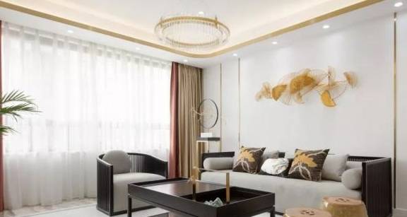 轻奢又高级！120㎡新中式家装效果，沙发背墙的立体铜扇太美了 (图1)